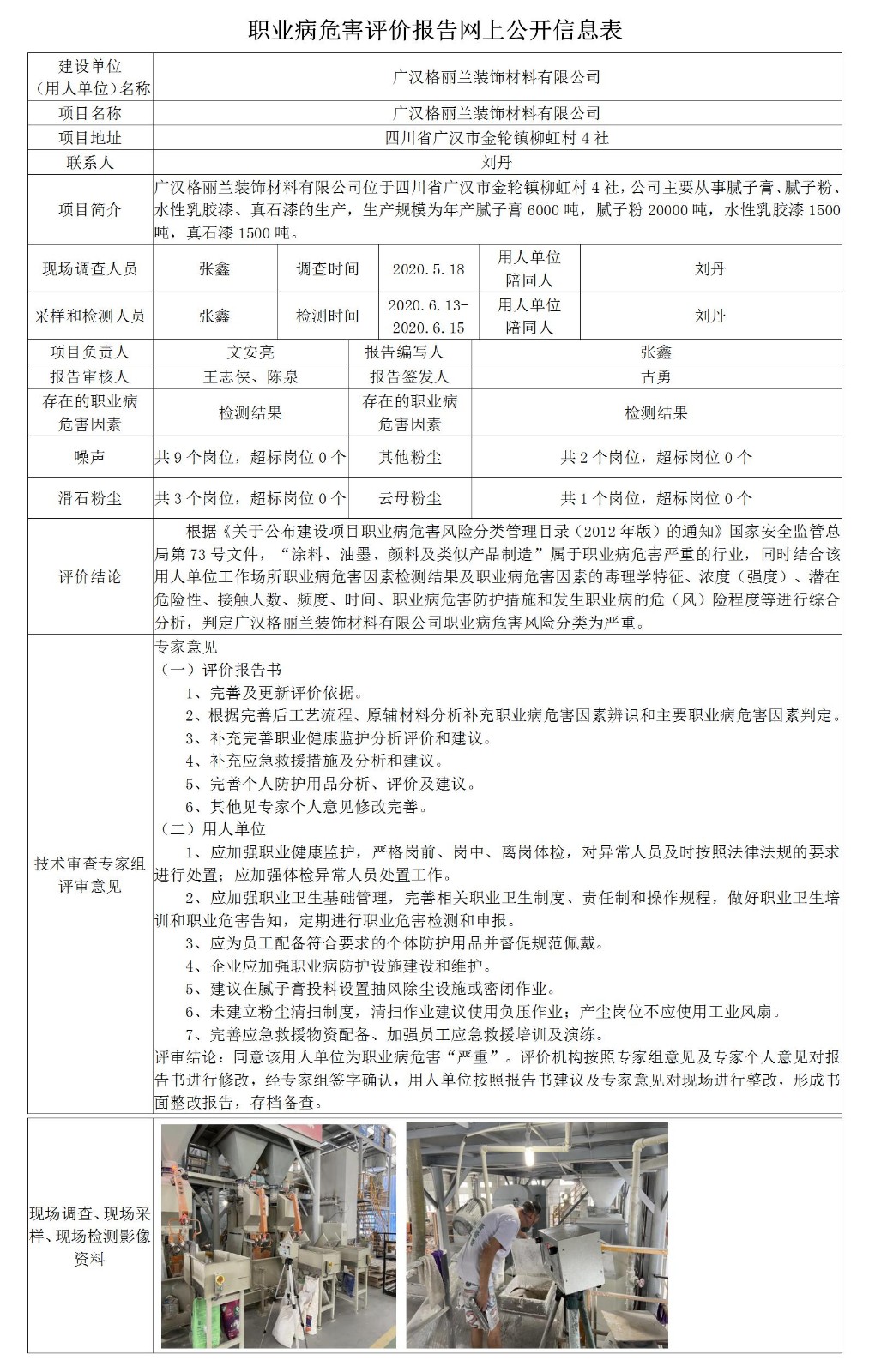 广汉格丽兰装饰材料有限公司职业病危害现状评价