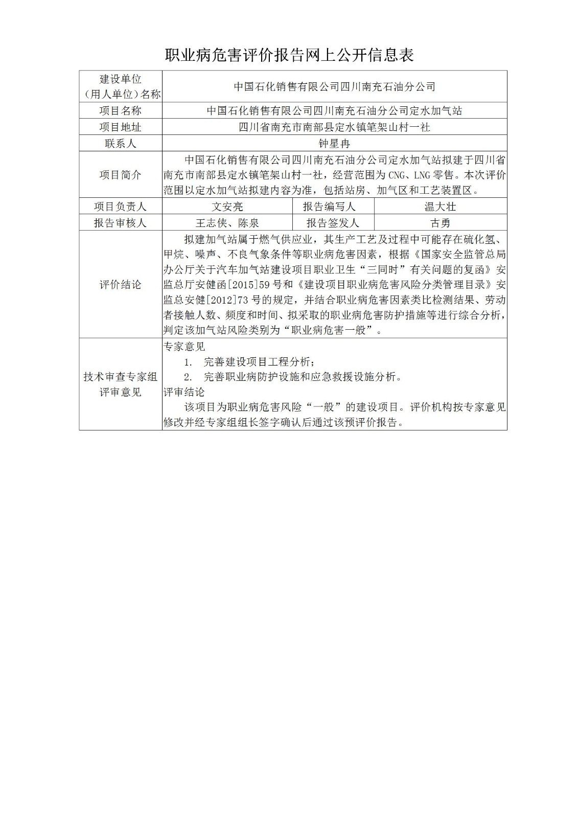 中国石化销售有限公司四川南充石油分公司定水加气站职业病危害预评价