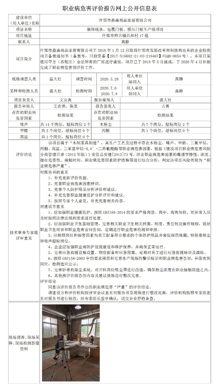 什邡市鼎森尚品家居有限公司装饰线条、包覆门板、模压门板生产线项目职业病危害控制效果评价