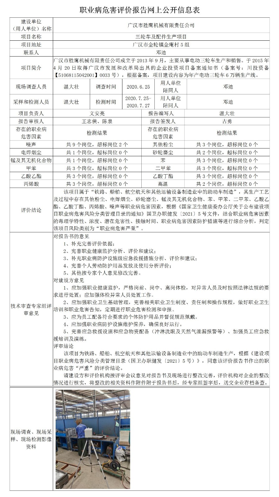 广汉市胜鹰机械有限责任公司三轮车及配件生产项目职业病危害控制效果评价
