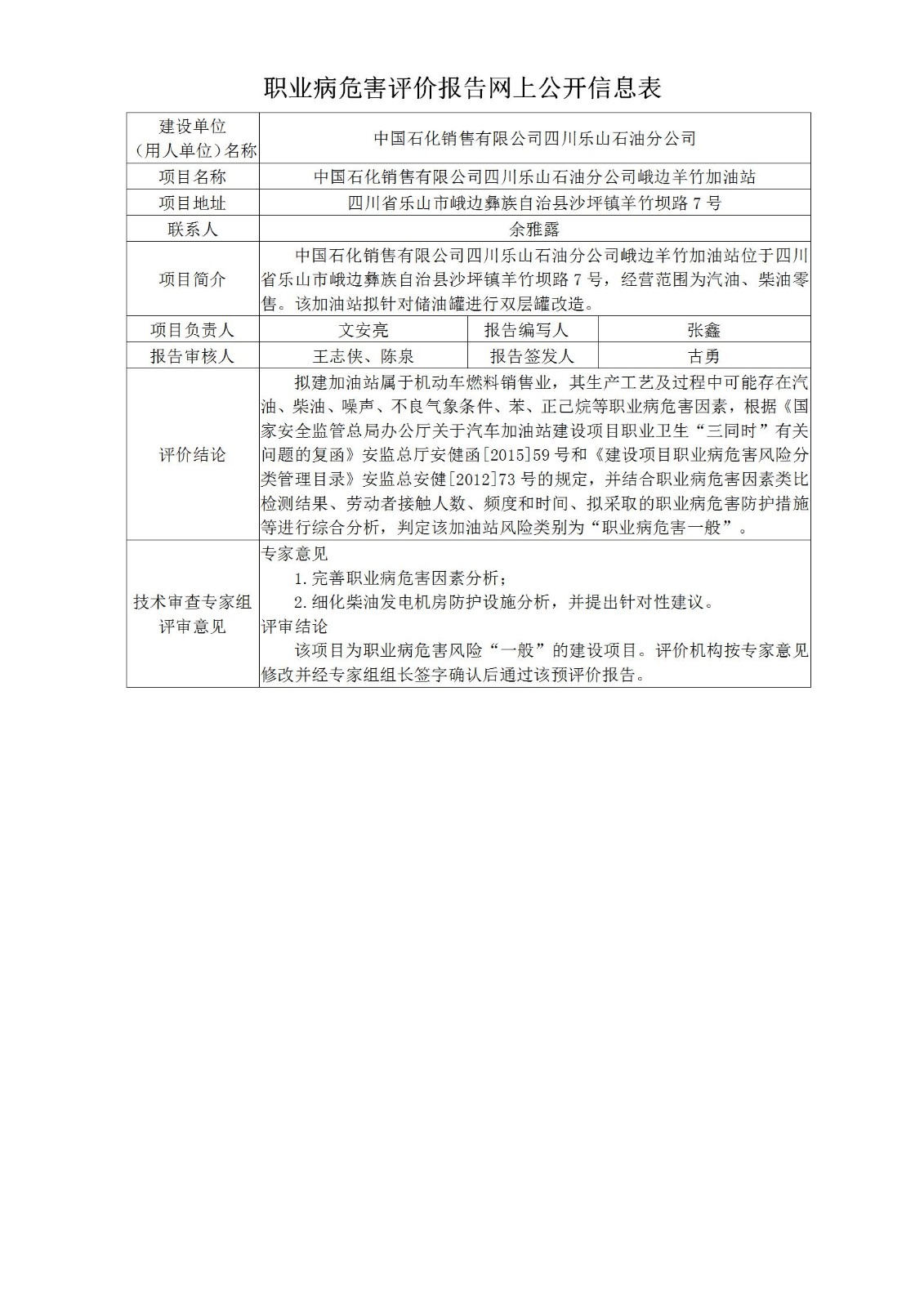 中国石化销售有限公司四川乐山石油分公司峨边羊竹加油站职业病危害预评价