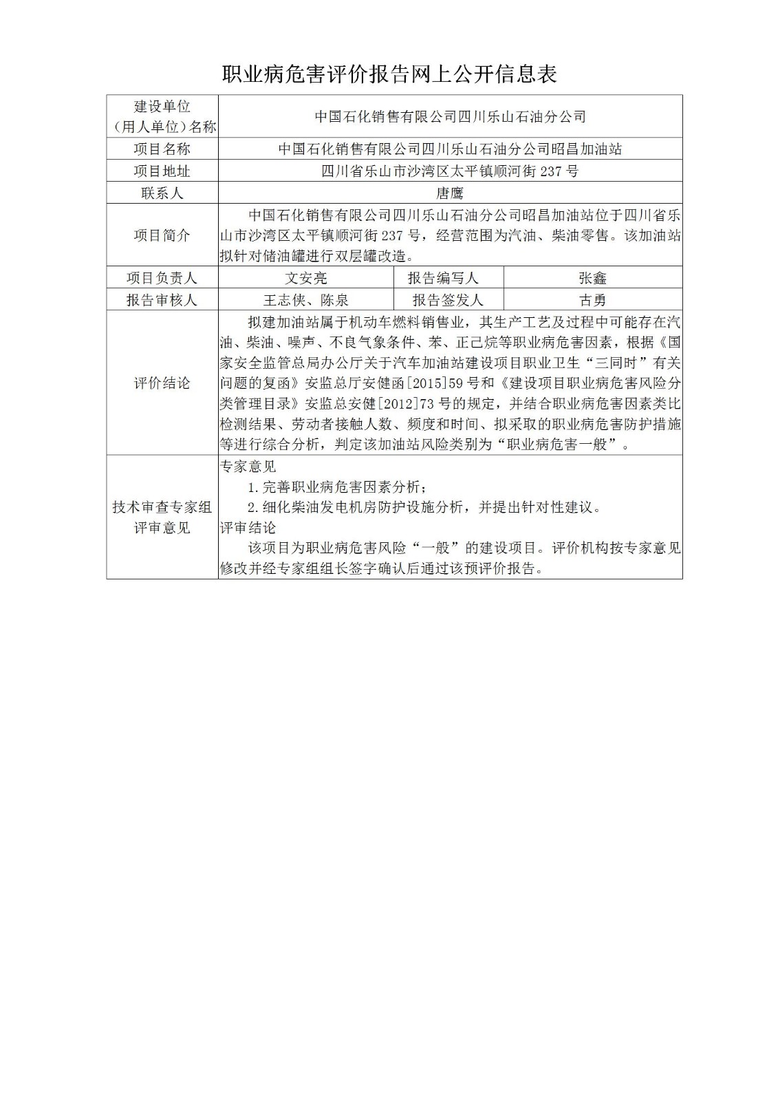 中国石化销售有限公司四川乐山石油分公司昭昌加油站职业病危害预评价