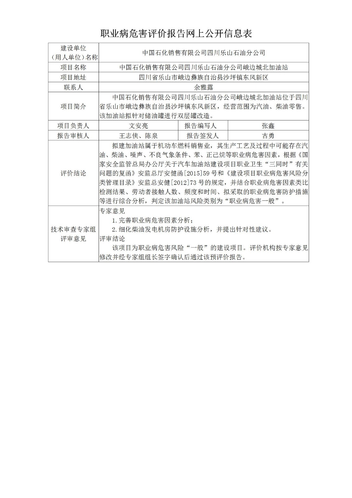 中国石化销售有限公司四川乐山石油分公司峨边城北加油站职业病危害预评价