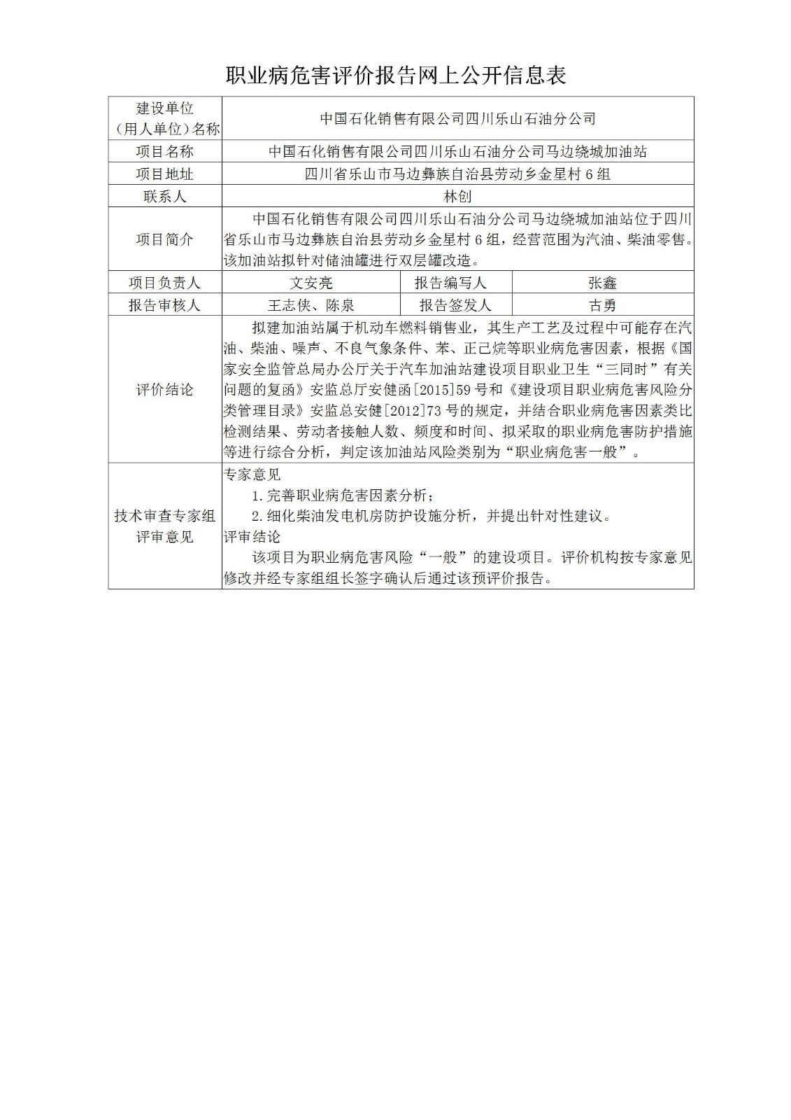 中国石化销售有限公司四川乐山石油分公司马边绕城加油站职业病危害预评价