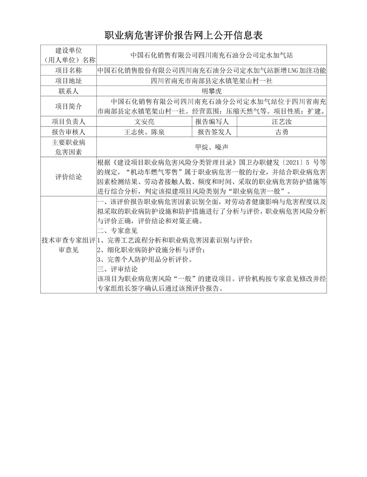 中国石化销售股份有限公司四川南充石油分公司定水加气站新增LNG加注功能项目职业病危害预评价