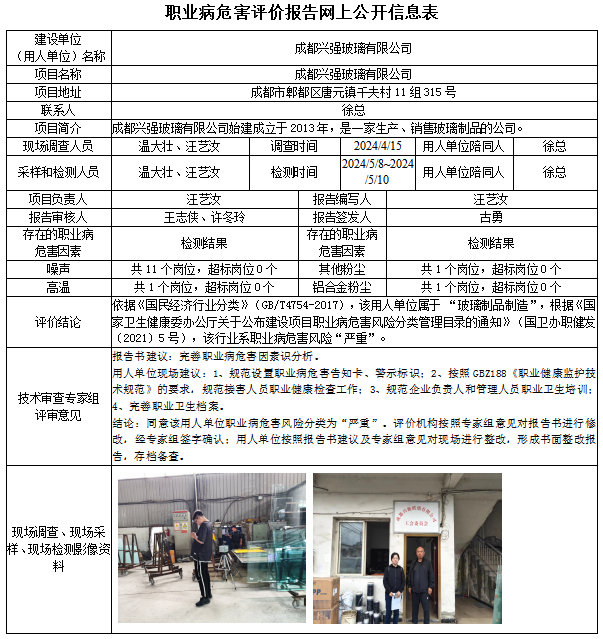 成都兴强玻璃有限公司职业病危害现状评价