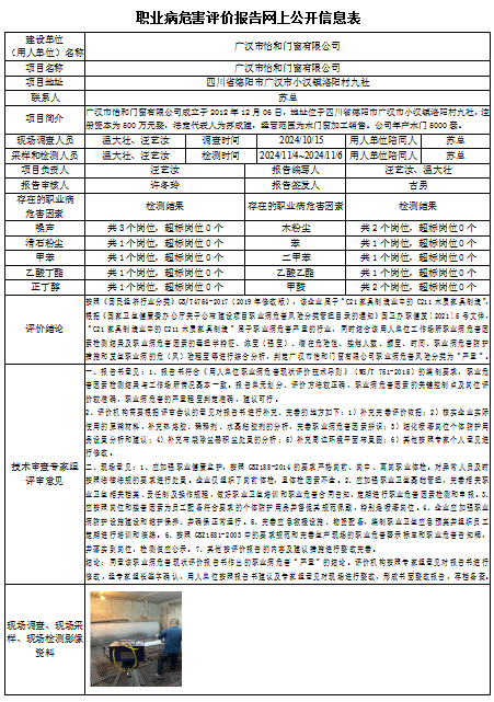 广汉市怡和门窗有限公司职业病危害现状评价